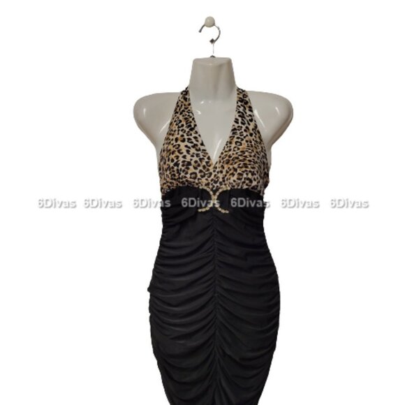 Sexy Halter Evening Dres Bodycon Black Mini Dress Animal Print - Size M - Picture 1 of 16